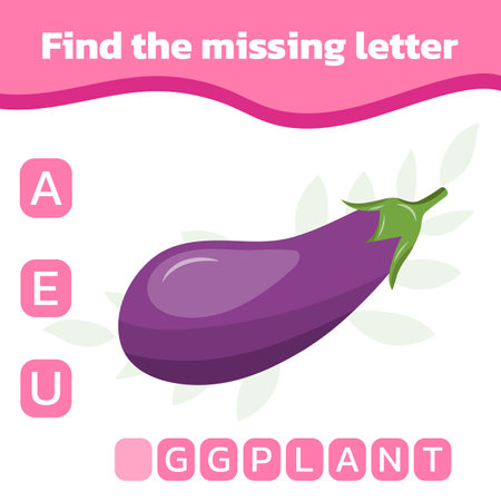 Educational spelling game for kids. Find the missing letter. Practicing English alphabet. Vector illustration of cute eggplant.のイラスト素材
