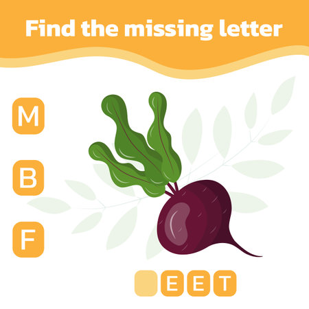 Find the missing letter. Worksheet for education. Mini-game for children. Vector illustration with a beet.のイラスト素材