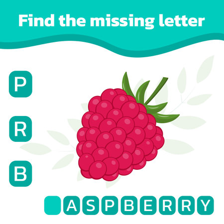 Educational spelling game for kids. Find the missing letter. Practicing English alphabet. Vector illustration of sweet raspberry.のイラスト素材