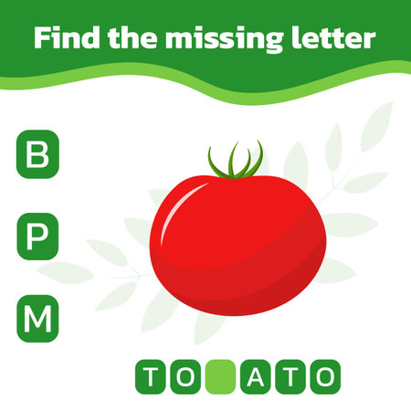 Find and write the missing letter. Worksheet for education. Mini-game for children. Vector illustration with a red tomato.のイラスト素材