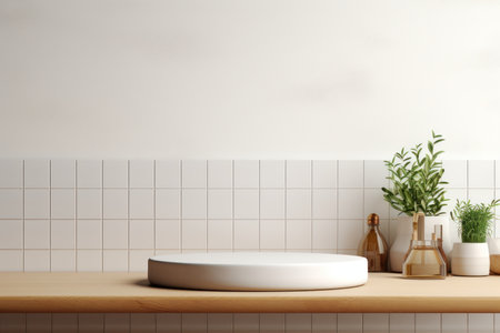White marble stone stand on kitchen table with white square tile texture wall scene. Minimal geometric platform design in shade for product presentation.の素材