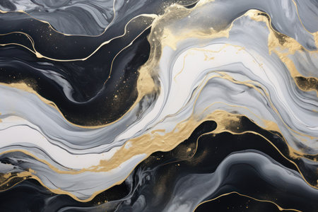 The Art of Suminagashi. Gray and black with gold line. Elegant composition. Golden swirl, artistic design. The style includes swirls of marble or ripples of agate.の素材