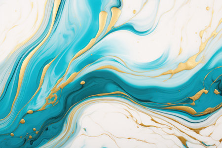The Art of Suminagashi. Very nice turquoise and white paint with gold line. Golden swirl, artistic design. The style includes swirls of marble or ripples of agate. Elegant composition.の素材