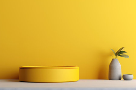 A podium to advertise a product. In the foreground is a small round podium. In the background is with bright yellow wall. Minimalistic composition. High quality 3d renderの素材
