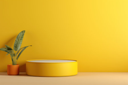 A podium to advertise a product. In the foreground is a small round podium. In the background is with bright yellow wall. Minimalistic composition. High quality 3d renderの素材