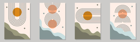 Modern boho minimalist art. Set of abstract posters with geometric shapes and zen arch. This versatile design can be employed for wall decor, covers, backgrounds, cards, branding. Vector illustrationのイラスト素材