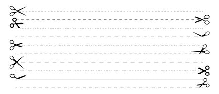 Set of black scissors with cut lines. Scissors cutting. Editable stroke. Vector illustration.のイラスト素材