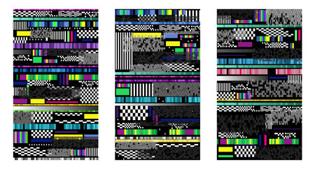 Set of glitch backgrounds depicting screen errors on mobile devices. Abstract digital pixel noise design representing device signal failure and smartphone data decay. Vector illustration.のイラスト素材
