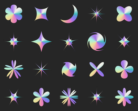 Hologram sticker set, collection of vector labels. The set includes various geometric shapes adorned with a glitter foil effect, visually appealing and dynamic design for holographic stickers.のイラスト素材