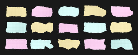 Set of torn colorful paper frames in a checkered pattern. Collection of uneven rectangles. Colored grunge elements, shapes. Vector paper isolated on dark background.のイラスト素材