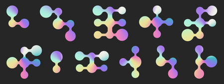 A vibrant hologram set of iridescent meta balls featuring colorful connected morph dots. Design elements suitable for logos, icons, tags, emblems, banners, and more. Vector illustration.のイラスト素材