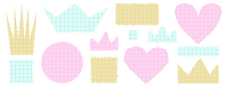 Set of torn colorful paper frames in a checkered pattern. Collection of uneven elements. Colored grunge elements, shapes. Vector paper isolated on white background.のイラスト素材