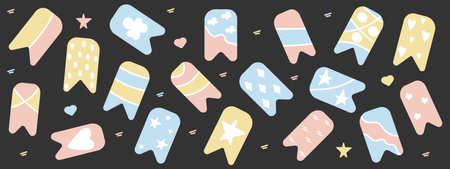 Sticky strips. Colored decorative tape mini washi sticker decoration, fabric strip, blank tags labels stickers. Vector illustration.のイラスト素材