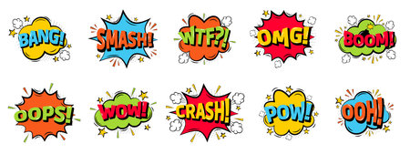 Emotions for comics speech bubble, set with text: Bang and Smash, Wtf and Omg, Boom and more. Vector cartoon explosions with different emotions isolated on white background.のイラスト素材