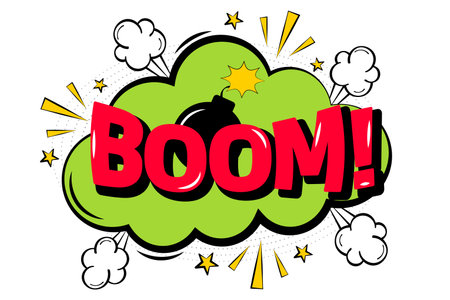 Boom - Comic book, wording sound effect, cartoon expression isolated on white background. Retro pop art style. Vector illustration.のイラスト素材