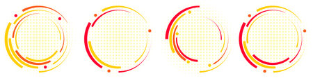 Abstract geometric design in the shape of a circle with colored spiral lines on a background of dots. Radial rotating halftone shape. For posters, banners, logos, badges. Vector illustration.のイラスト素材