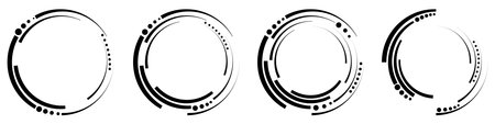 Abstract geometric design featuring a circle swirl shape with spiral lines and dots. Radial spinning halftone form. Vector illustration.のイラスト素材
