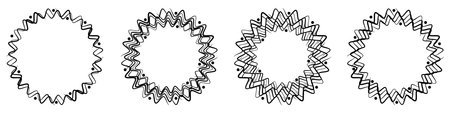 Abstract geometric design in circle shape with spiral lines. Radial rotating shape. Set of four round decorative borders featuring wavy lines and dots.のイラスト素材