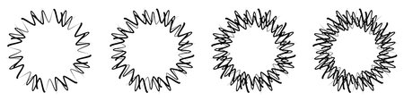 Abstract geometric design in circle shape with spiral lines. Radial rotating shape. Four black and white hand drawn scribble circles are forming a design element.のイラスト素材