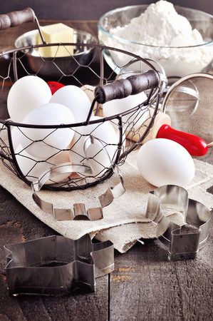 Easter baking, ingredients and utensils, visual recipe, toned image, selective focusの写真素材