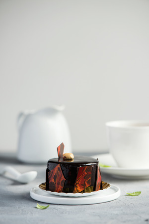 Pastry, dessert, chocolate cake. Rustic background. Toned, selective focusの写真素材