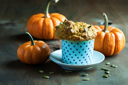 Pumpkin muffins, healthy vegan snack, Thansgiving and autumn dessert, selective focus, toned imageの写真素材