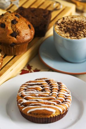 cakes on table with cup of coffeeの写真素材