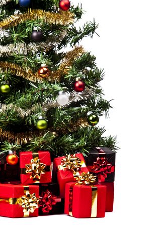 Christmas Tree with decorations on white backgroundの写真素材