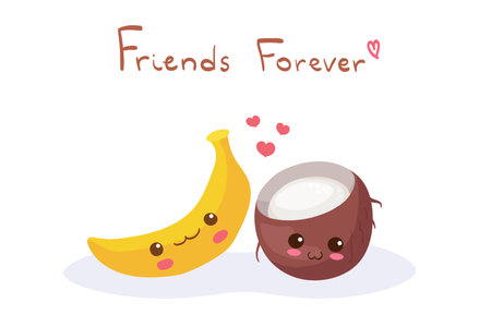 Kawaii Banana and Coconut vector illustration with hand drawn lettering. Funny food characters isolated on white background. Use for card, children menu, web design, t-shirt print. Tropical fruits.のイラスト素材