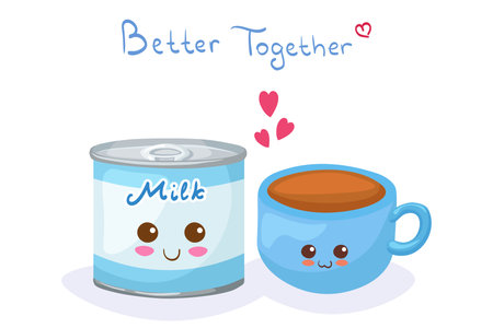 Kawaii Condensed Milk & Cup of Tea vector characters isolated on white background. Funny smiling sweet drink. Cute food mascot illustration with lettering. Cafe menu, greeting card decoration concept.のイラスト素材