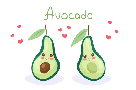 Sliced Avocado vector characters with hand drawn lettering isolated on white background. Cute cartoon nutritious vegetable. Kawaii style happy smiling healthy food mascot. Menu, fabric print design.のイラスト素材