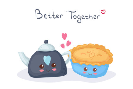 Kawaii vector illustration with Apple Pie & Tea Pot isolated on white background. Cute happy & funny cartoon food characters. Children menu, bakery, t-shirt print. Autumn traditional fruits dessert.のイラスト素材