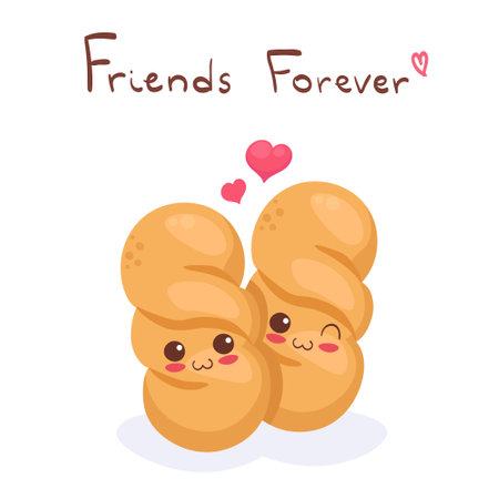 Cute stock vector illustration with Wheat Bread Loafs. Kawaii happy smiling bakery characters isolated on white with lettering. Funny food doodle. Use for t-shirt print, kids menu design, post card.のイラスト素材
