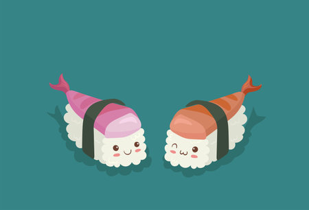 Kawaii Fish and Rice sashimi character faces smiling. Cute cartoon style asian food vector illustration isolated on white background. Japanese traditional dish characters with nori seaweed, seafood.のイラスト素材