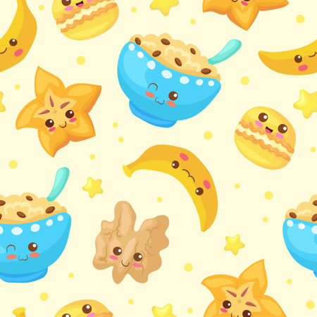 Kawaii Breakfast Cereal, Banana, Star Fruit, Walnut, Macaron seamless pattern. Cute vector illustration. Funny smiling and happy food characters on yellow background. Use for wrapping paper, menu.のイラスト素材