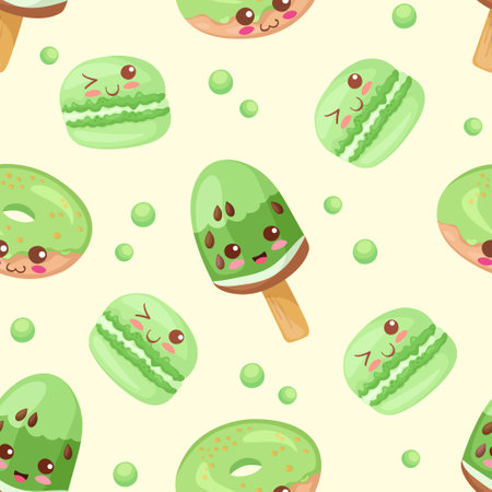 Kawaii Green Kiwi Ice Cream, Macaroon and Donut seamless pattern. Cute vector illustration. Funny smiling and happy food characters on yellow background. Use for card, wrapping paper, children menu.のイラスト素材