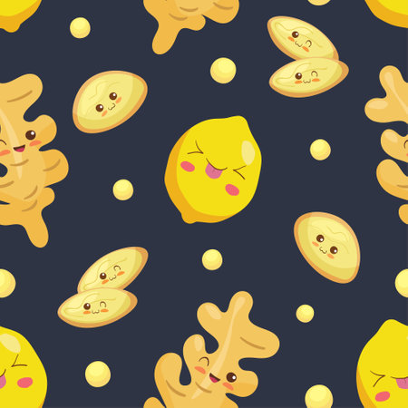 Kawaii Lemon and Ginger seamless pattern. Cute vector illustration. Funny smiling and happy food characters isolated on dark background. Use for decoration, print, children menu. Comic healthy food.のイラスト素材