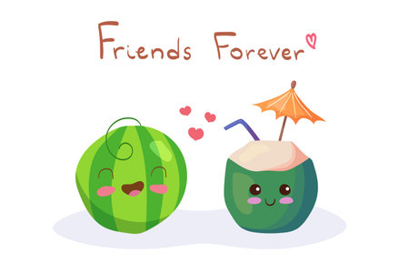 Kawaii Watermelon and Young Coconut vector illustration with hand drawn lettering. Funny food characters isolated on white background. Use for card, children menu, t-shirt print. Tropical fruits.のイラスト素材