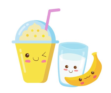Iced Fruits & Vegetables Smoothie in a plastic cup with rich foam. Vector kawaii drink illustration in cute cartoon style isolated on white background. Banana with milk in glass healthy smoothie.のイラスト素材