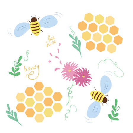 Flying Bee with hand written lettering isolated on white background. Cute cartoon character vector illustration. Honey bee, honeycomb, pink flowers, leaves in simple doodle style. Food decoration set.のイラスト素材