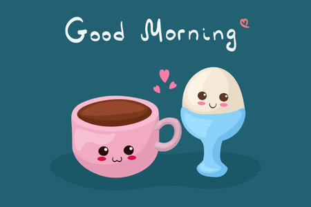 Kawaii breakfast food - Cup of coffee and boiled Egg. Vector cartoon illustration with Friends forever lettering. Use for kids menu, shop, bakery, card, stickers. Easy to edit. Comic smiling food.のイラスト素材