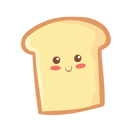 Kawaii Wheat Bread character isolated on white background. Cute funny smiling food mascot for children menu, package, bakery, card, print. Adorable breakfast element. Hand drawn toast concept for kidsのイラスト素材