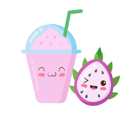 Iced Fruits Smoothie in a plastic cup with rich foam. Vector kawaii drink illustration in cute cartoon style isolated on white background. Funny smiling Asian Dragon Fruit - Pitaya - fruit smoothie.のイラスト素材