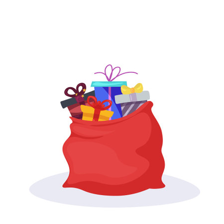Vector illustration of festive red gift bag isolated on white background. Xmas/New Year celebration. Use for holiday promotion, banner, print, sale. Santa Christmas presents. Surprise design concept.のイラスト素材