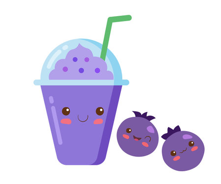 Iced Fruits Smoothie in a plastic cup with rich foam. Vector kawaii drink kids illustration in cute cartoon style isolated on white background. Blueberry, blackberry, blackcurrant fruit smoothie.のイラスト素材