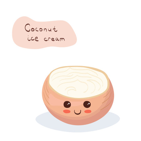 Cute Coconut Ice Cream hand drawing vector illustration on white background. Kawaii style food sketch. Sweet Thai coconut mustard in a nut shell. Happy ice-cream character with smiling face.のイラスト素材