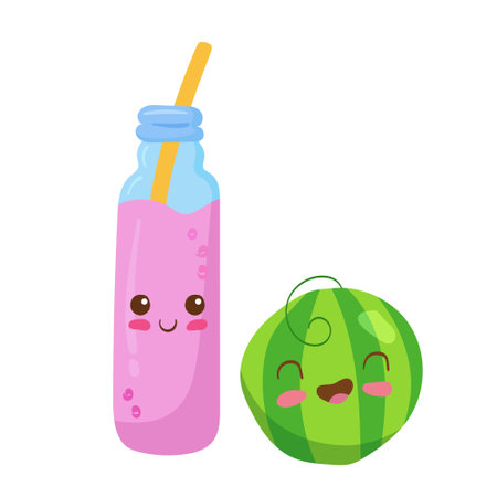 Fruit Smoothie in glass bottle with straw & bubbles. Vector kawaii drink illustration in cute cartoon style isolated on white background. Smiling food characters. Watermelon smoothie with juice.のイラスト素材