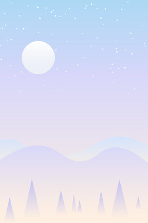 Light colors fantasy landscape with misty mountain peaks, pine trees and sunrise or sunset sky. Vertical wallpaper. Cute tranquil Meditation Texture Concept. Serenity vector illustration background.のイラスト素材