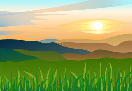 Peaceful summer landscape with calm mountains and hills at sunset,sunrise. Vacation and Outdoor Banner. Recreation, Restore and Meditation Texture Concept. Serenity Vector illustration background.のイラスト素材