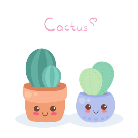 Cute cacti in pots isolated on white background. Kawaii vector illustration of house plants with hand drawn lettering. Adorable green cactus happy smiling characters. Use for print, card, decoration.のイラスト素材